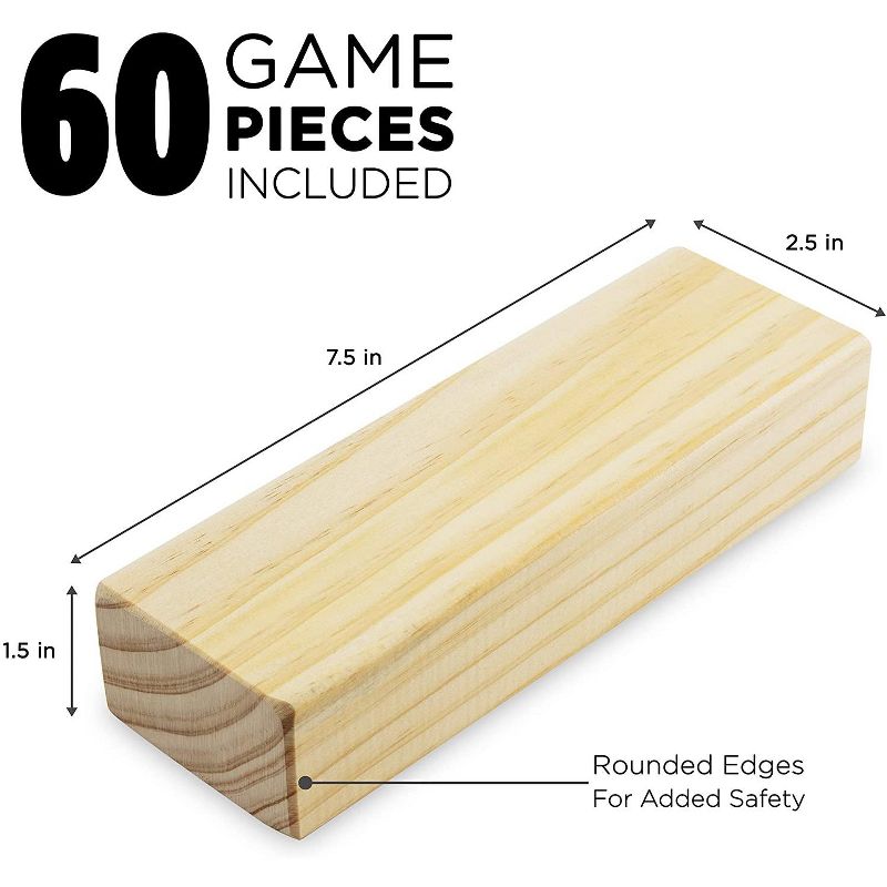 Sunny & Fun Giant Tumbling Tower | 60 Piece Set Oversized Wooden Toppling Blocks | Indoor & Outdoor Stacking Yard Game for Adults & Kids | Great for Party Lawn Backyard | w/ Storage Carry Bag