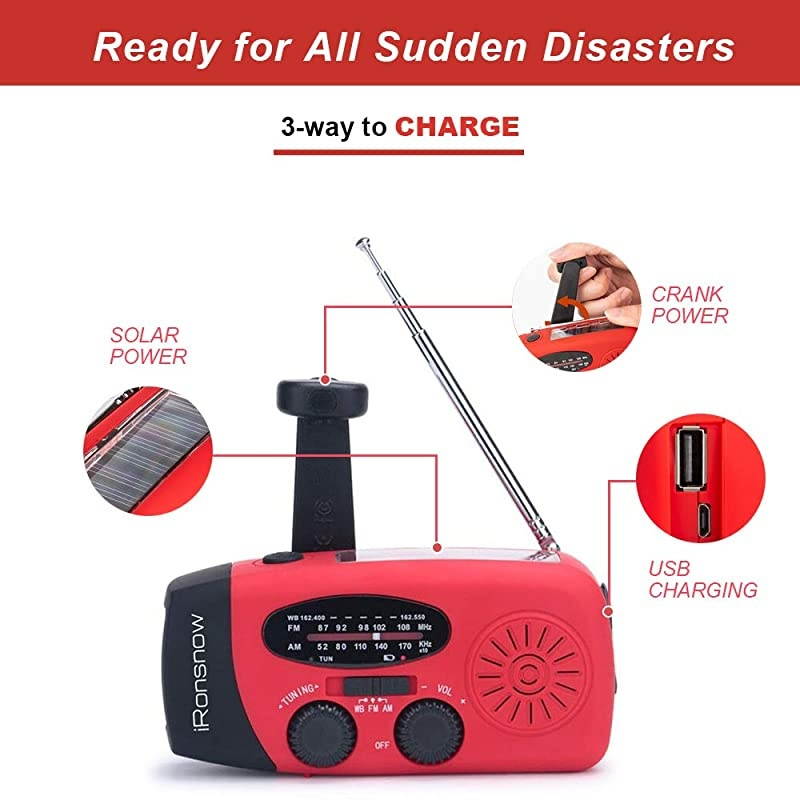 Upgraded Version  IS088+ 1000mAh Solar Hand Crank Radio AMFMNOAAWB Weather Emergency Radio Dynamo LED Flashlight Power Bank for iPhoneAndroid Smart Phone Red
