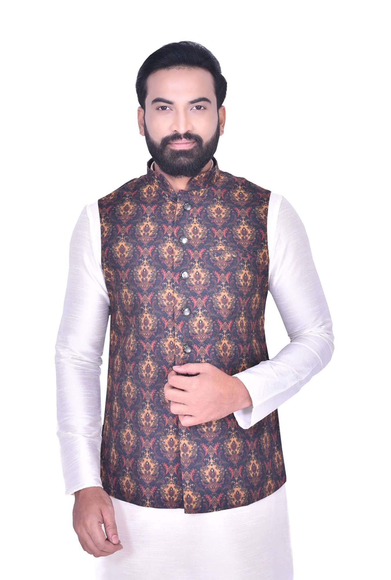 Manyavar Blue & Yellow Printed Ethnic Jacket