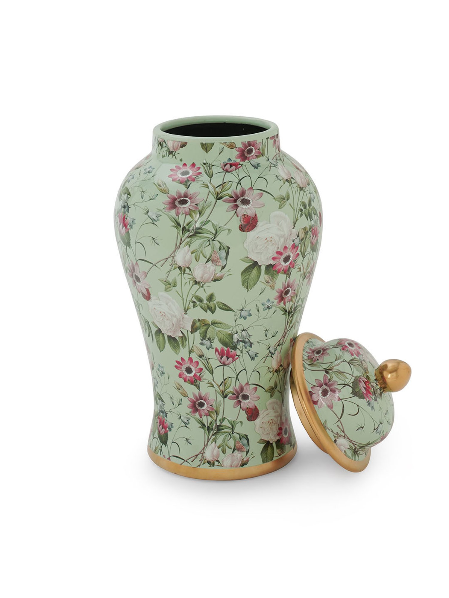 Pure Home and Living Green Ceramic Ribbed Urn With Lid