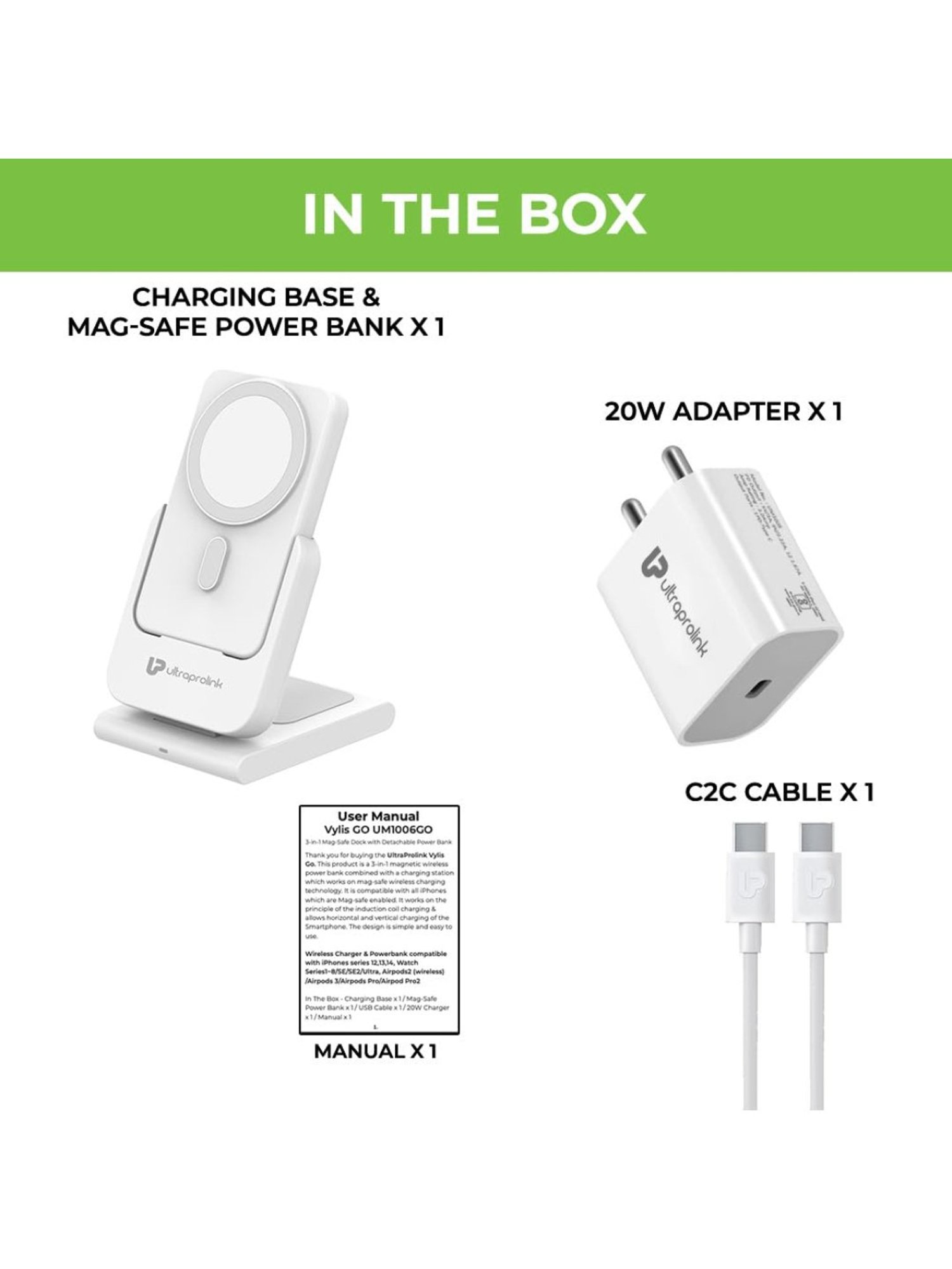 ULTRAPROLINK UM1006GO 3in1 Folding 20W Magnetic Power Bank for iWatch, Airpods &  Earbuds (White)