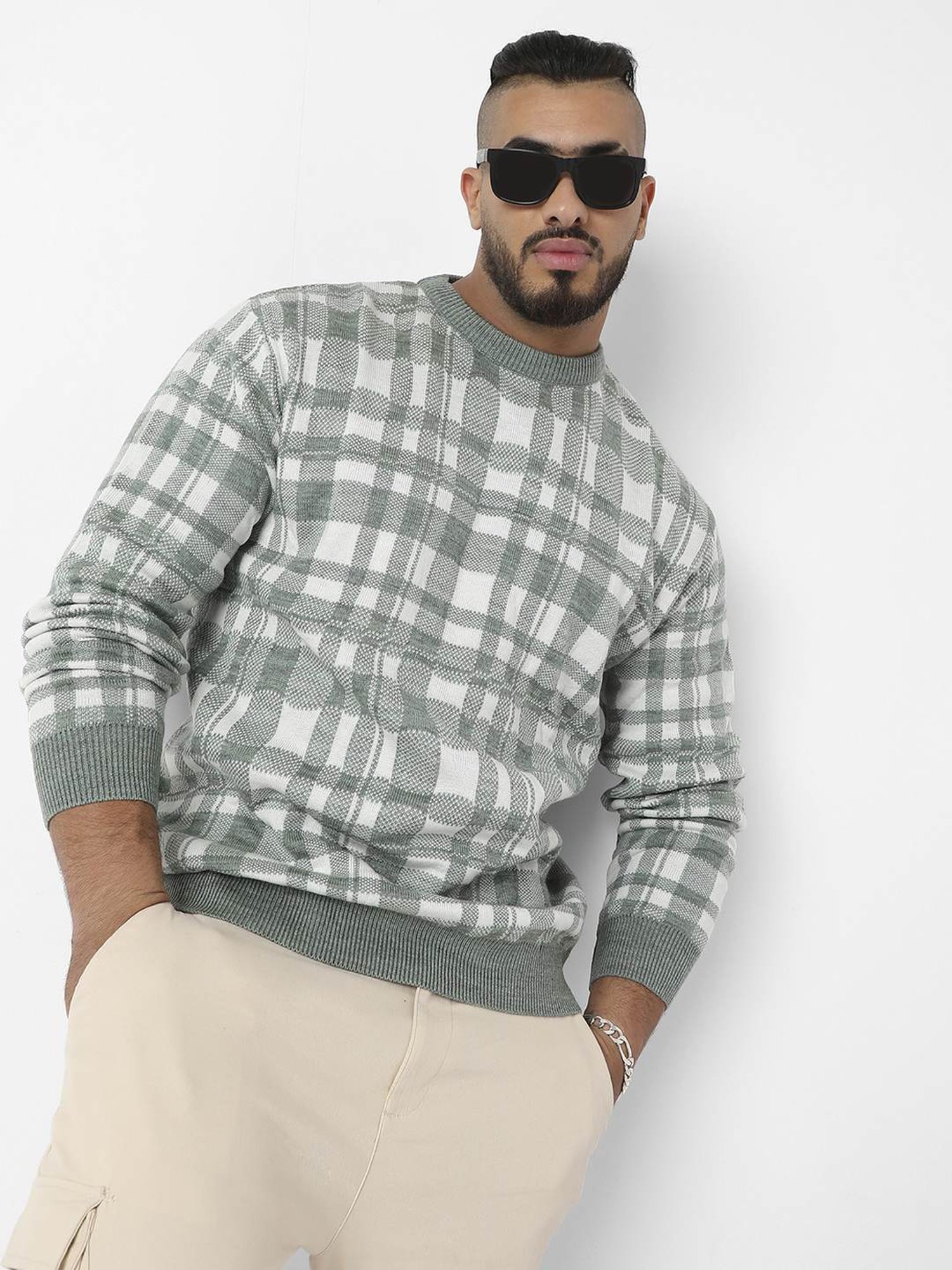 Instafab Plus Olive Green Regular Fit Checks Plus Size Sweater