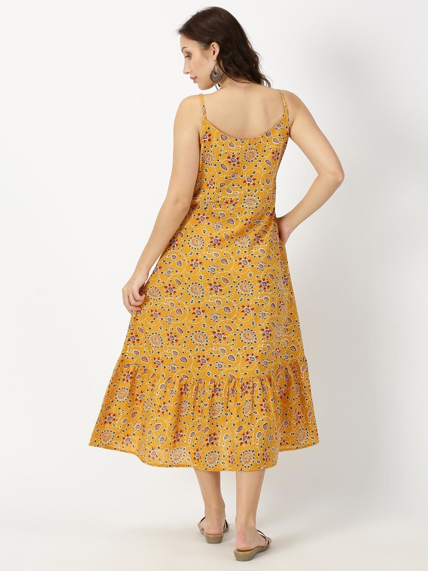Saffron Threads Mustard Cotton Printed Ethnic Dress