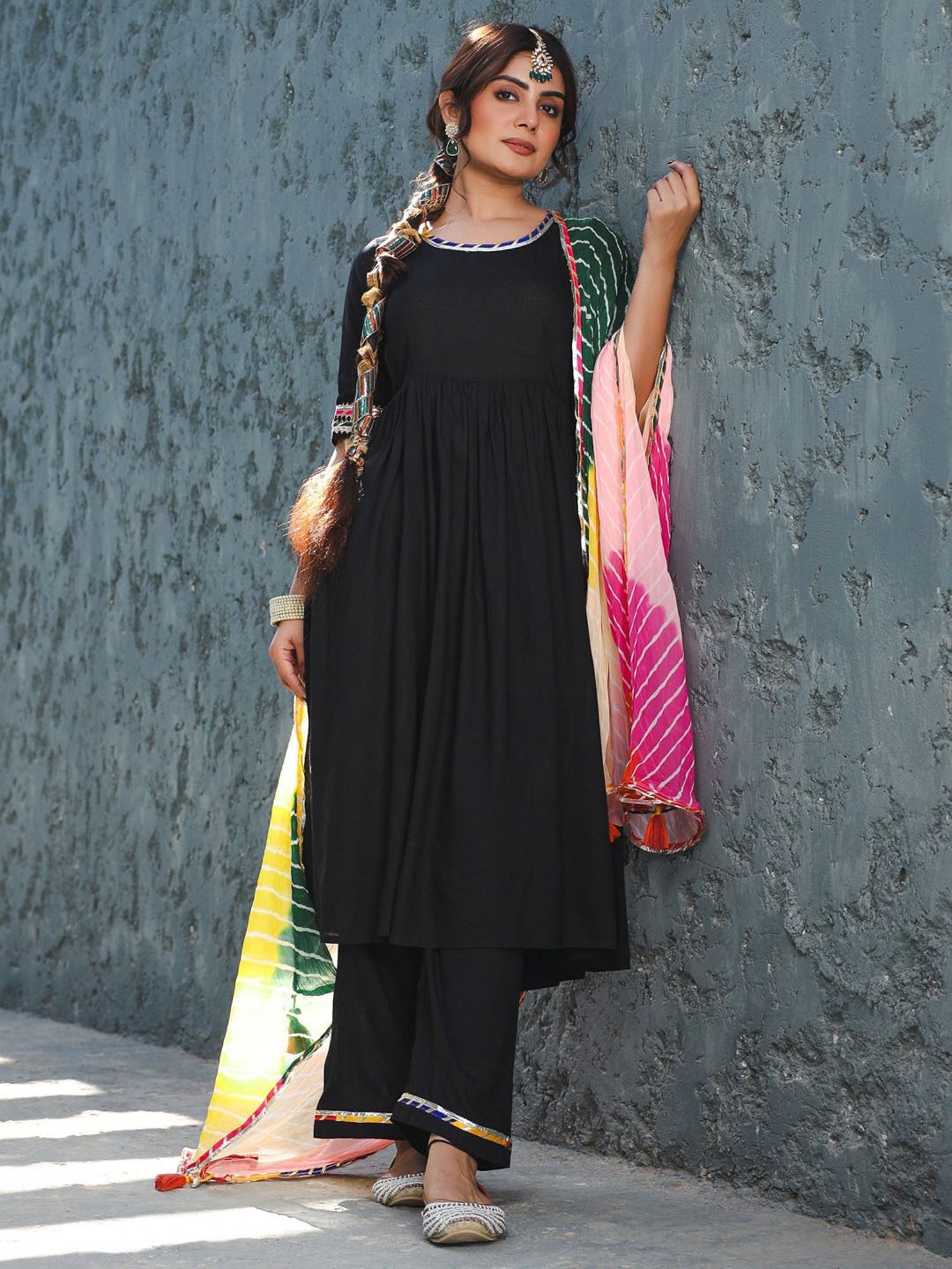 Thread and Button Rayon Emily Black Suit with Multicolour Dupatta