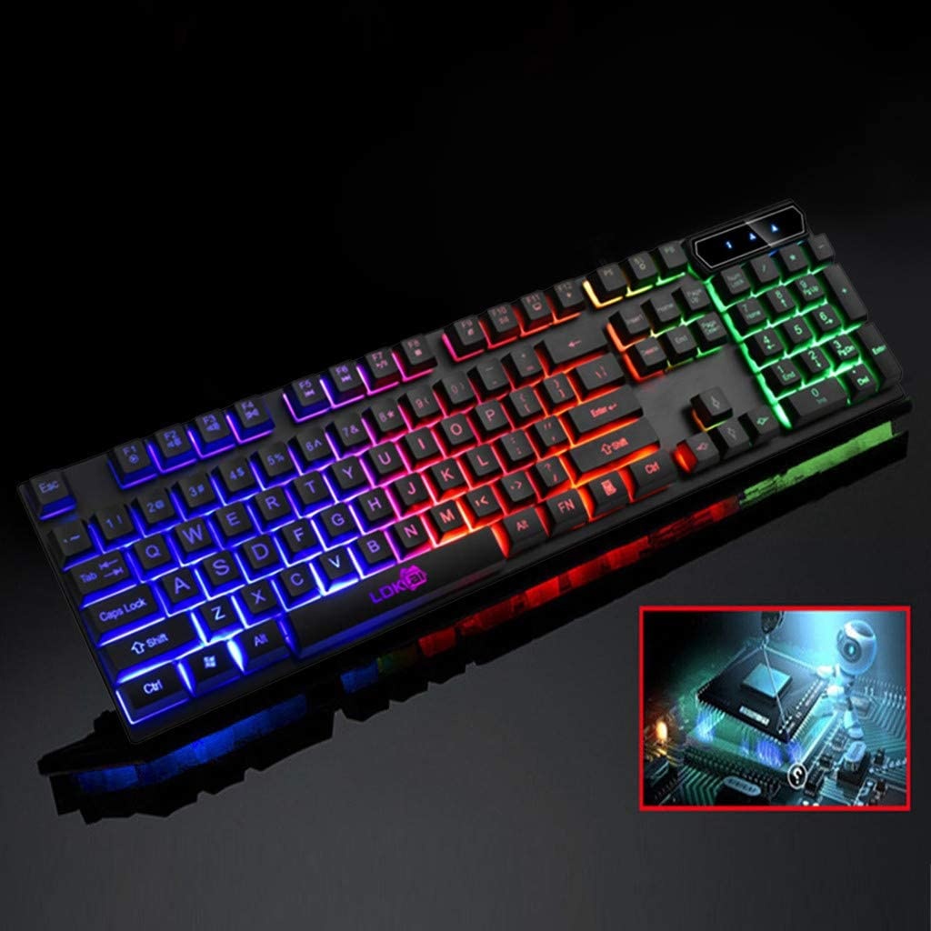 Keyboard US Stock- Gaming Keyboard Waterproof Colorful Crack LED Illuminated Backlit USB Wired PC Rainbow 104 Keys for Windows PC Gamer (Black)