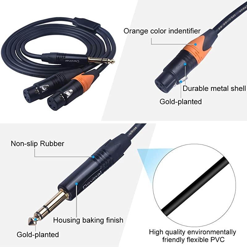 Dual XLR to 1/4 Splitter Cable, 2 XLR Female to 6.35mm TRS Stereo Audio Microphone Converter, Unbalanced Quarter inch Adapter Y Cord 6 FT/1.8m