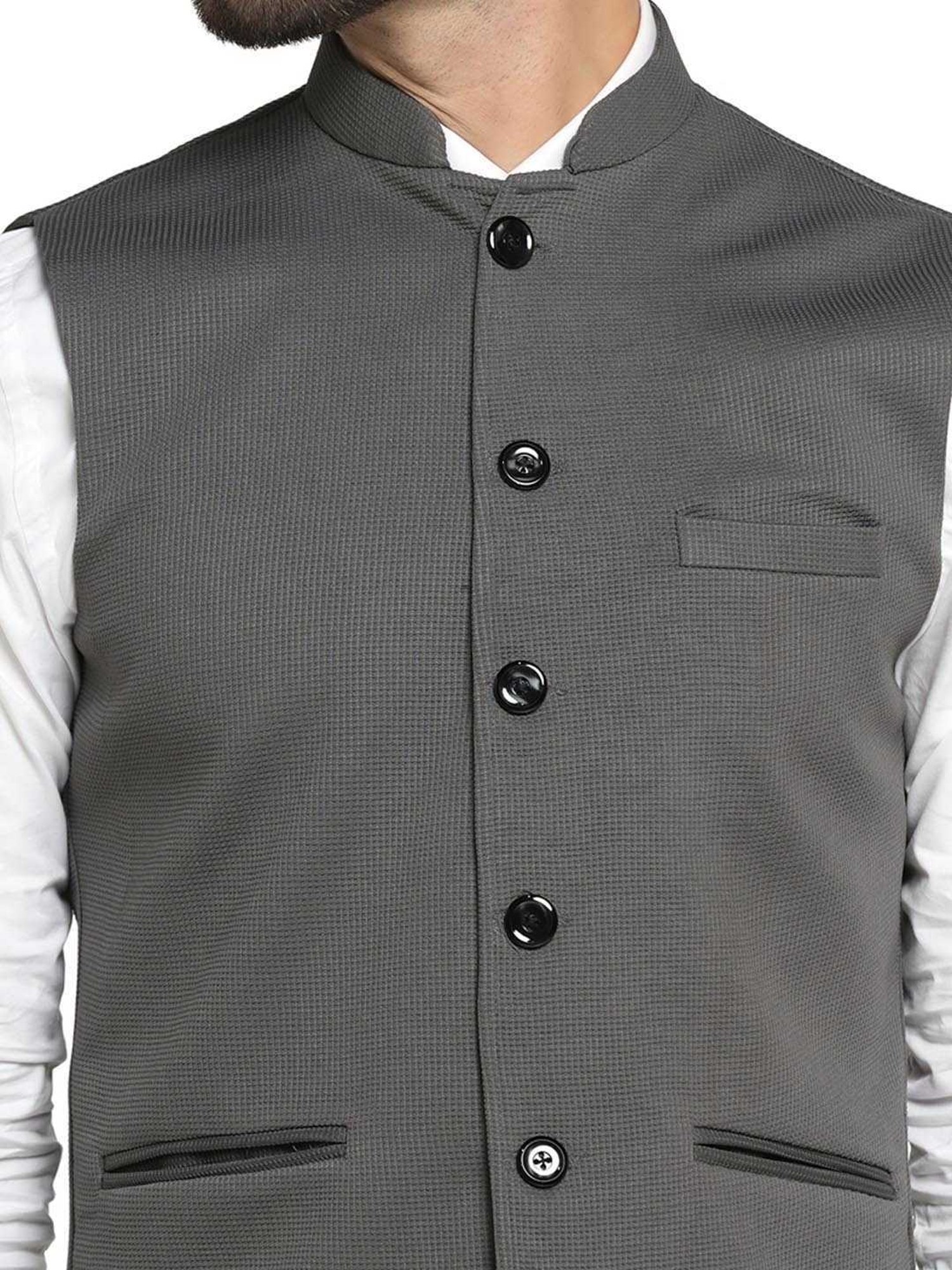 TAHVO Grey Satin Slim Fit Self Pattern Nehru Jacket