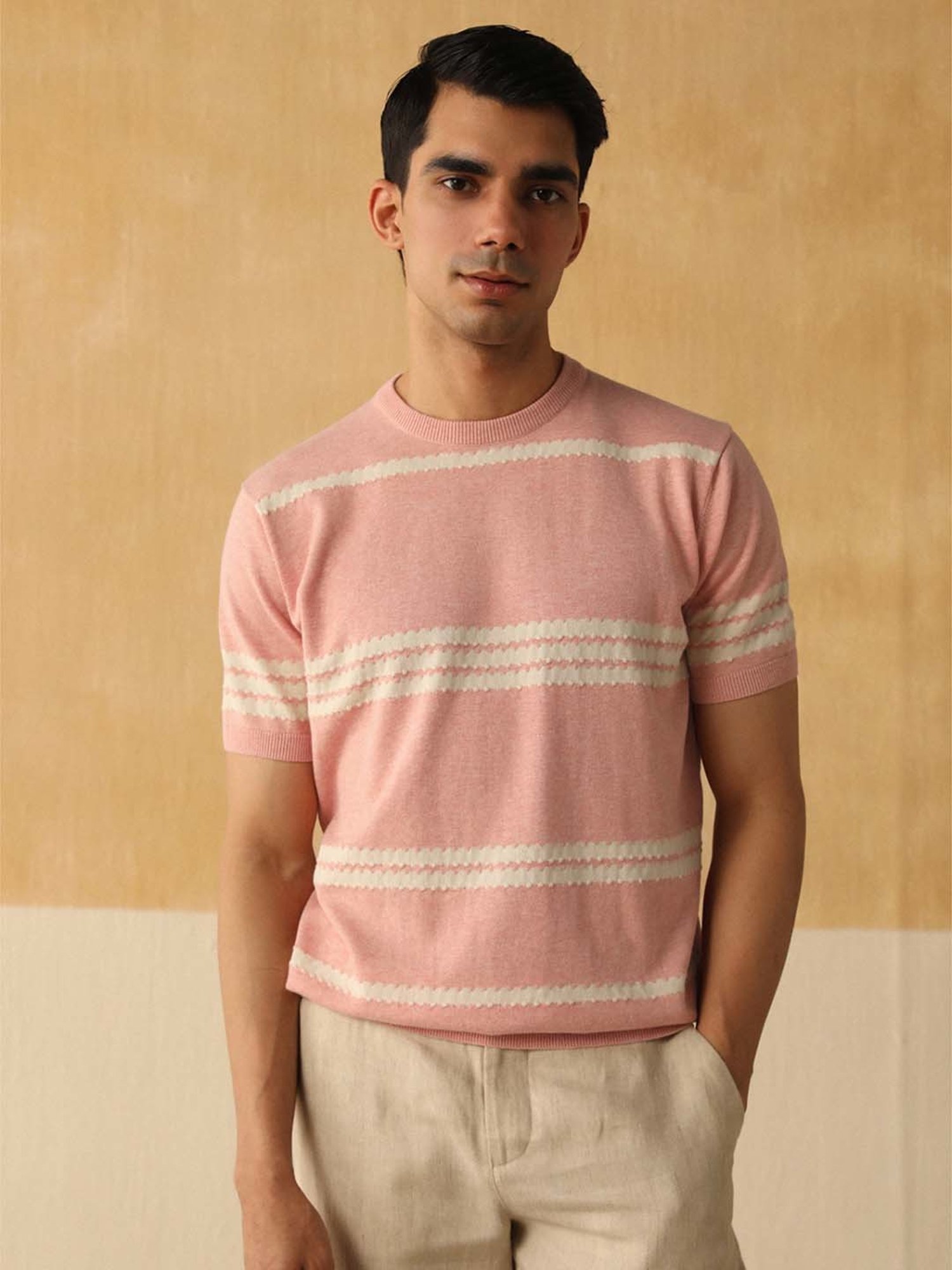 Andamen Pink Cotton Regular Fit Striped T-Shirt