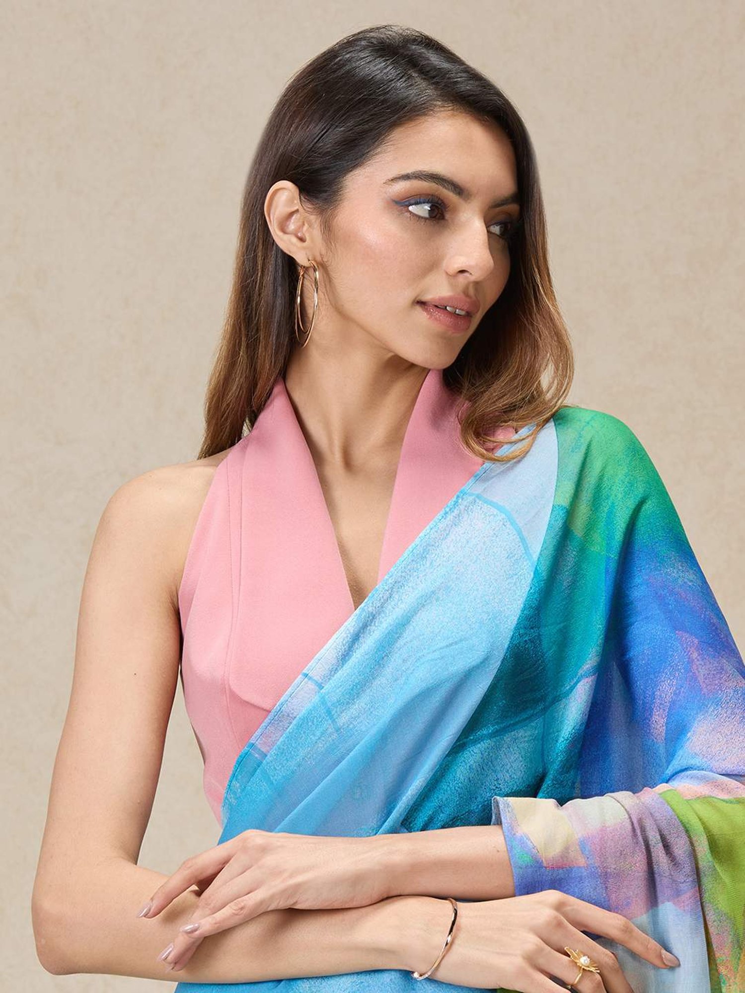 navyasa by liva Blue Printed Saree With Unstitched Blouse