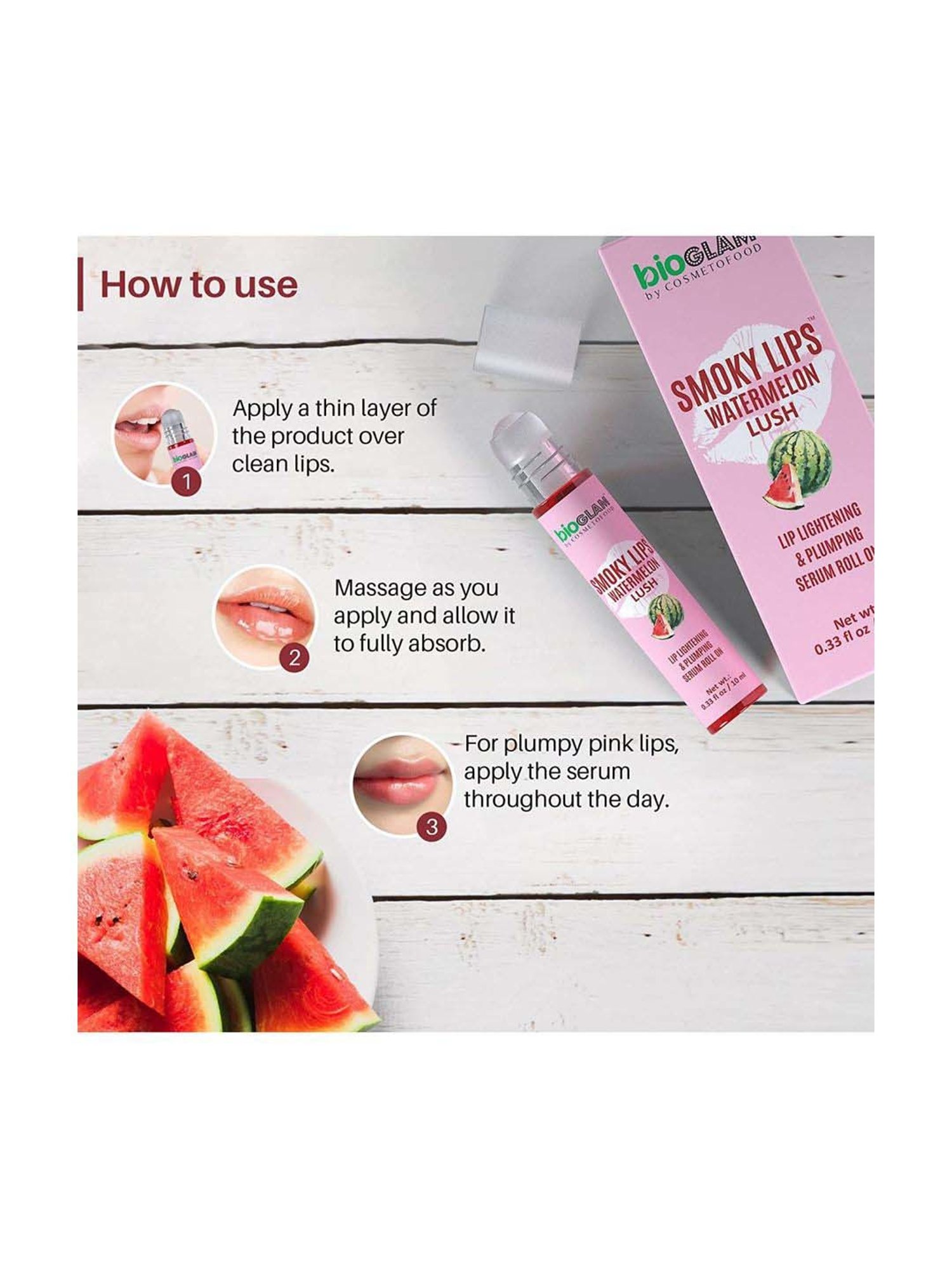 Cosmetofood Bioglam Smoky Watermelon Lush Lip Lighten and Plump Serum Roll On For Plump Lip - 10 ml
