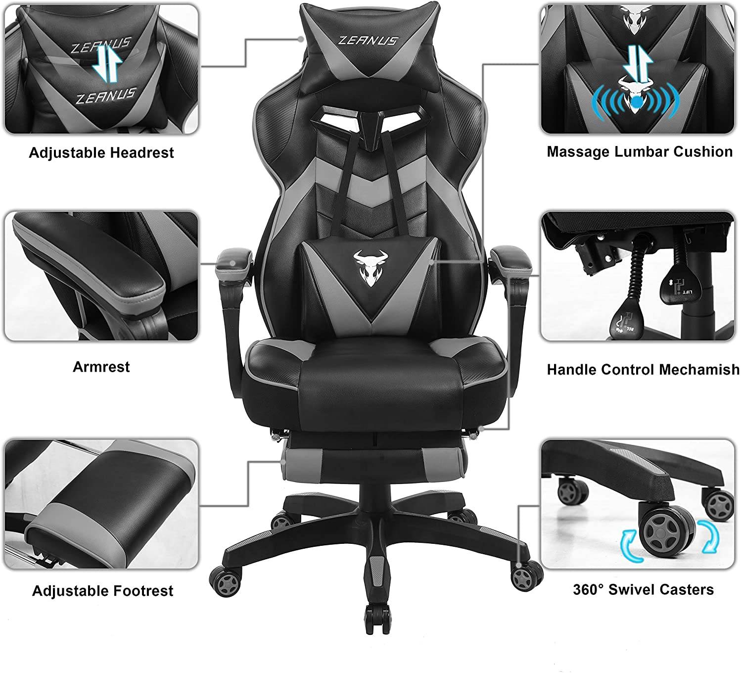 Zeanus Gaming Chair for Adults Green, Gaming Chair with Footrest, Massage Computer Gaming Chair, Reclining Gaming Desk Chair, Big and Tall Video Gaming Chair, Racing Style Chair, E-Sports Gamer Chair