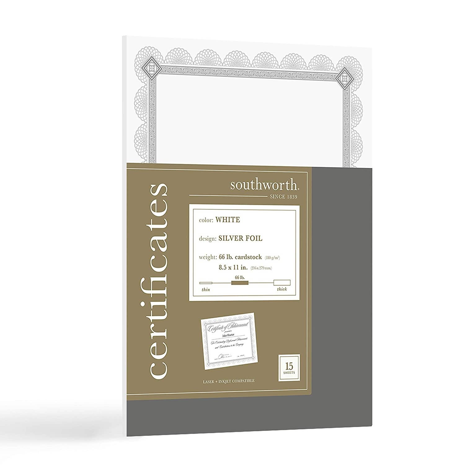 Southworth Foil Enhanced Premium Certificate, 8.5&rdquo; x 11&rdquo;, 66 lb/ 180 GSM, White, Silver Spiro Design, 15 Count - Packaging May Vary (CTP2W)