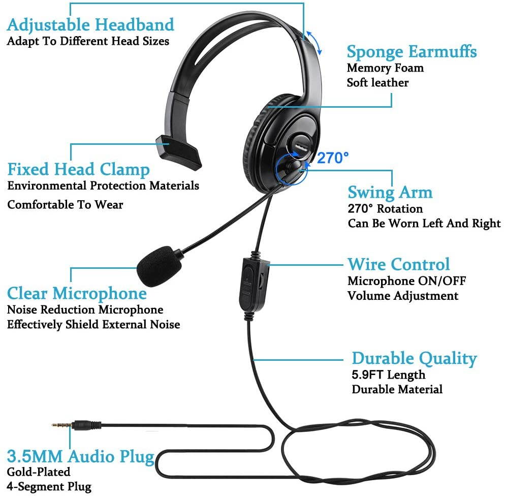 PS5 PS4 Unilateral Headset, 3.5mm Wired Online Gaming One Ear Headphone with Microphone for Sony Playstation 5 4, PS4 Pro PS4 Slim Controller, Nintendo Switch, Laptop, Smartphone, Office Business