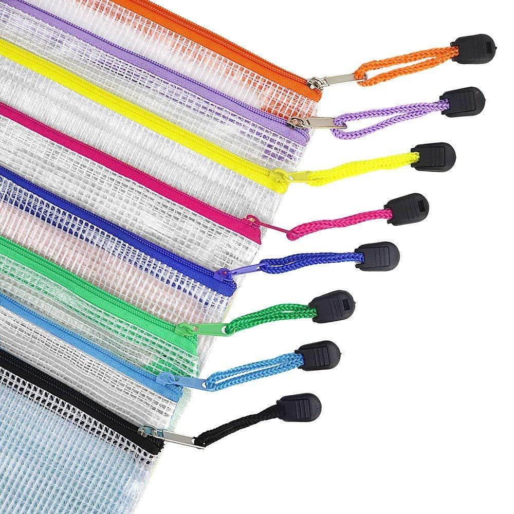 JPSOR Zipper File Bags, 16pcs 8 Color PVC Mesh Document Pouches Bills Bag Pencil Case, Office Supplies, Travel Storage Bags