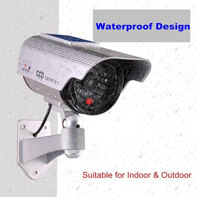 Powered Dummy Security Camera Bullet Fake Surveillance System with Realistic Red Flashing Lights and Warning Sticker Indoor Outdoor 4 Silver