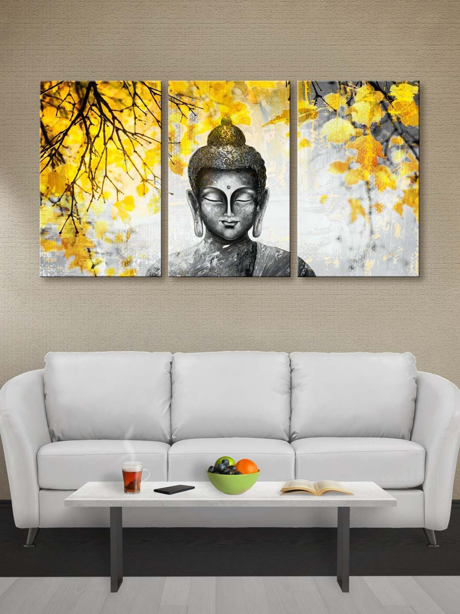 999Store Grey & Yellow Meditating Buddha Art 3 Frame Canvas Paintings