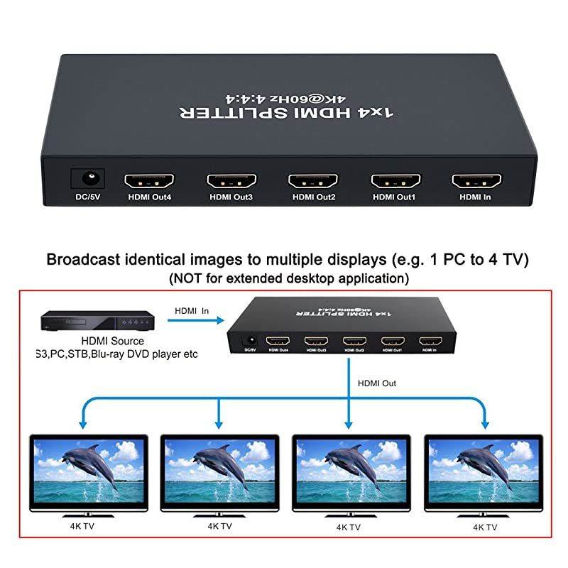 1x4 HDMI Splitter 4K 60hz 4:4:4 HDR 18Gbps HDCP 2.2 EDID 3D 1 in 4 Out HDMI 2.0 High Speed UHD Video Box for Duplicate Multiple Monitor Sharing Computer Screen