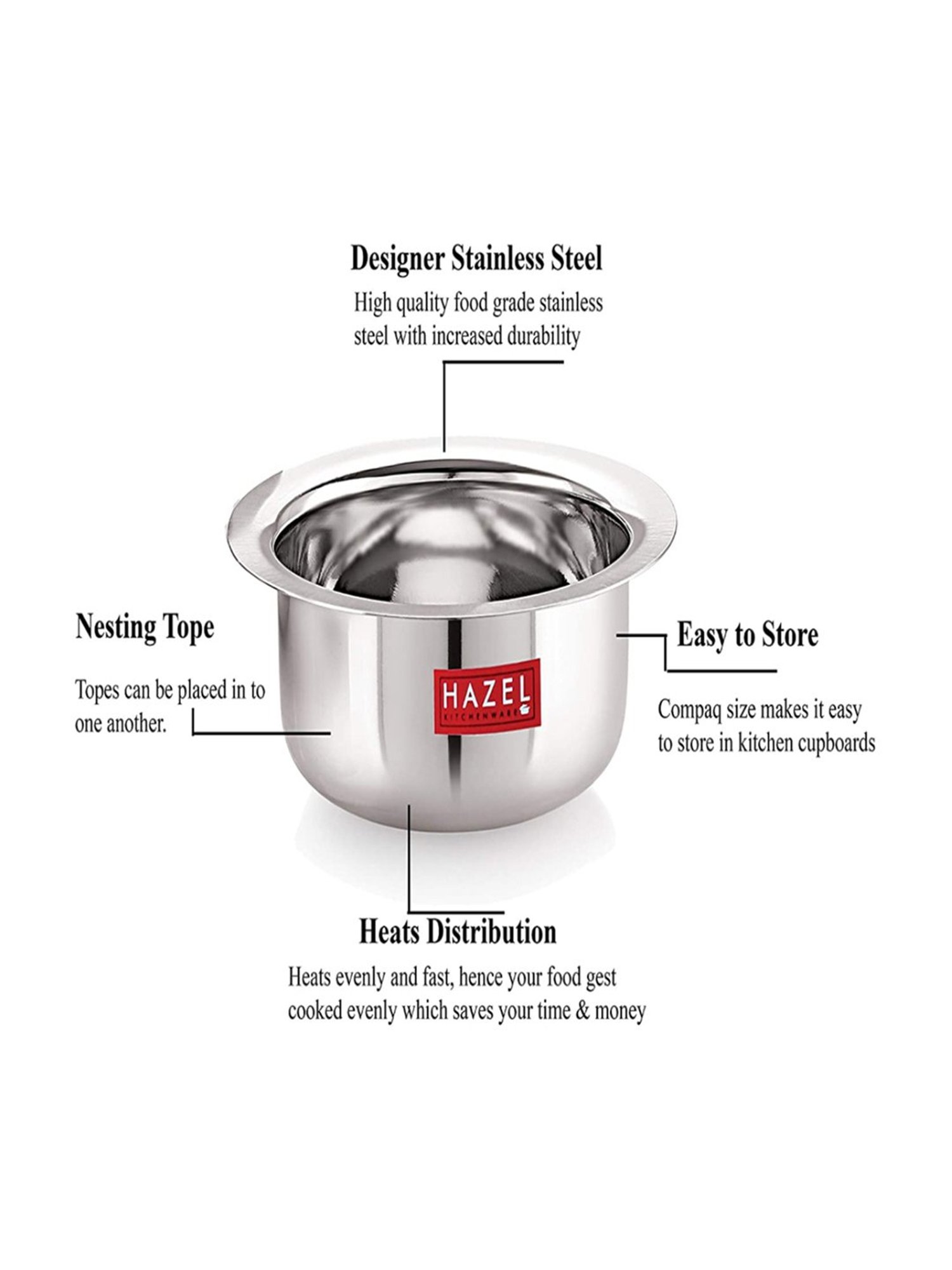 HAZEL Mini Round Bottom Silver Stainless Steel Tope or Patila (Set of 3)