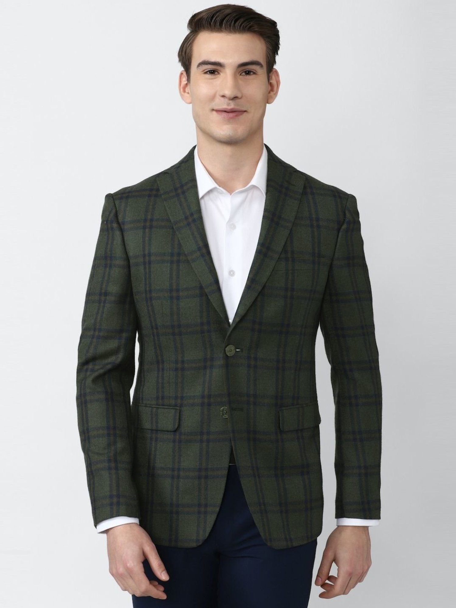 Peter England Green Slim Fit Checks Blazer