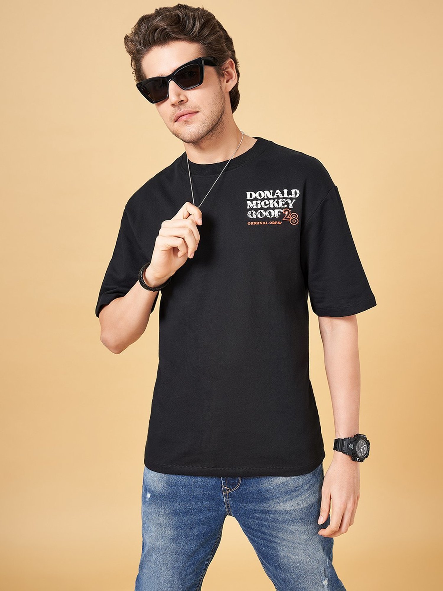 SF Jeans by Pantaloons Jet Black Cotton Relaxed Fit Printed T-Shirt