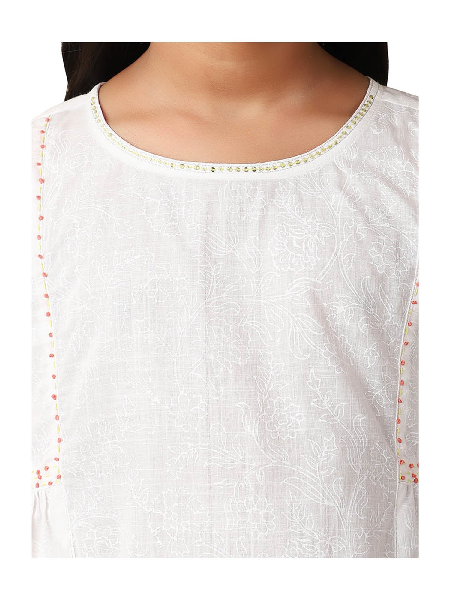 Fabindia Kids White & Orange Printed Kurta, Churidar with Dupatta
