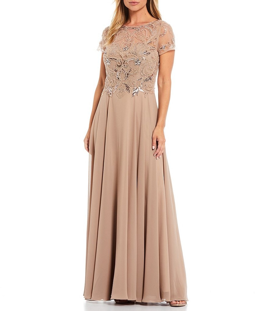 Xscape Beaded Bodice Jewel Neck Illusion Sleeve Chiffon Ballgown