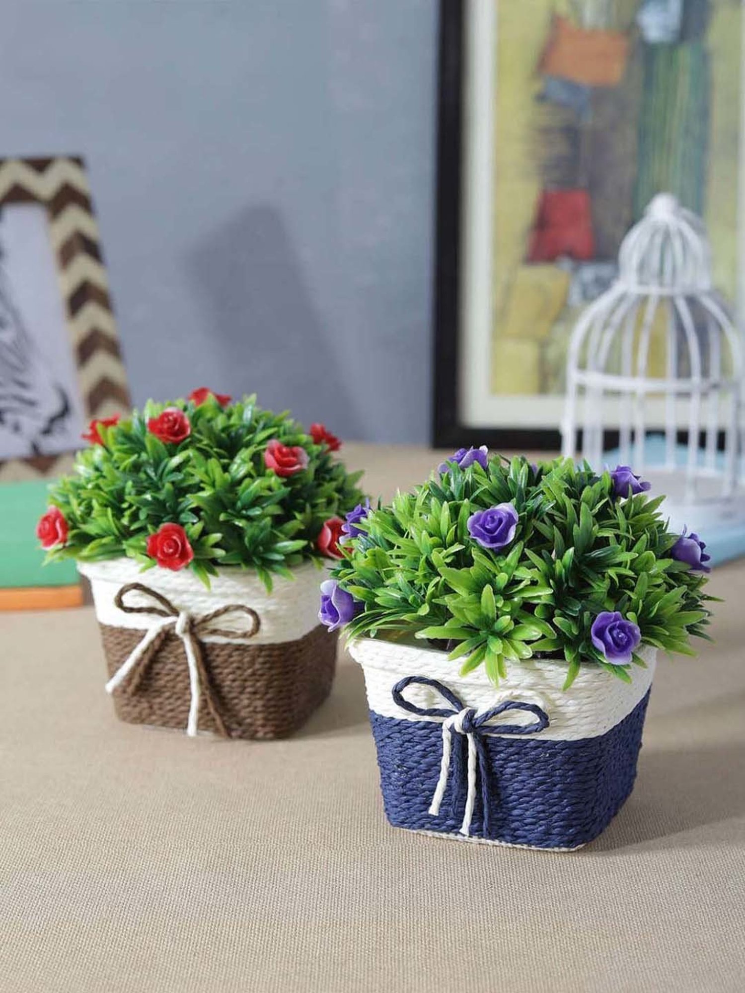 Foliyaj Multicolor Plastic Artificial Flower Plant With Pot - Set of 2