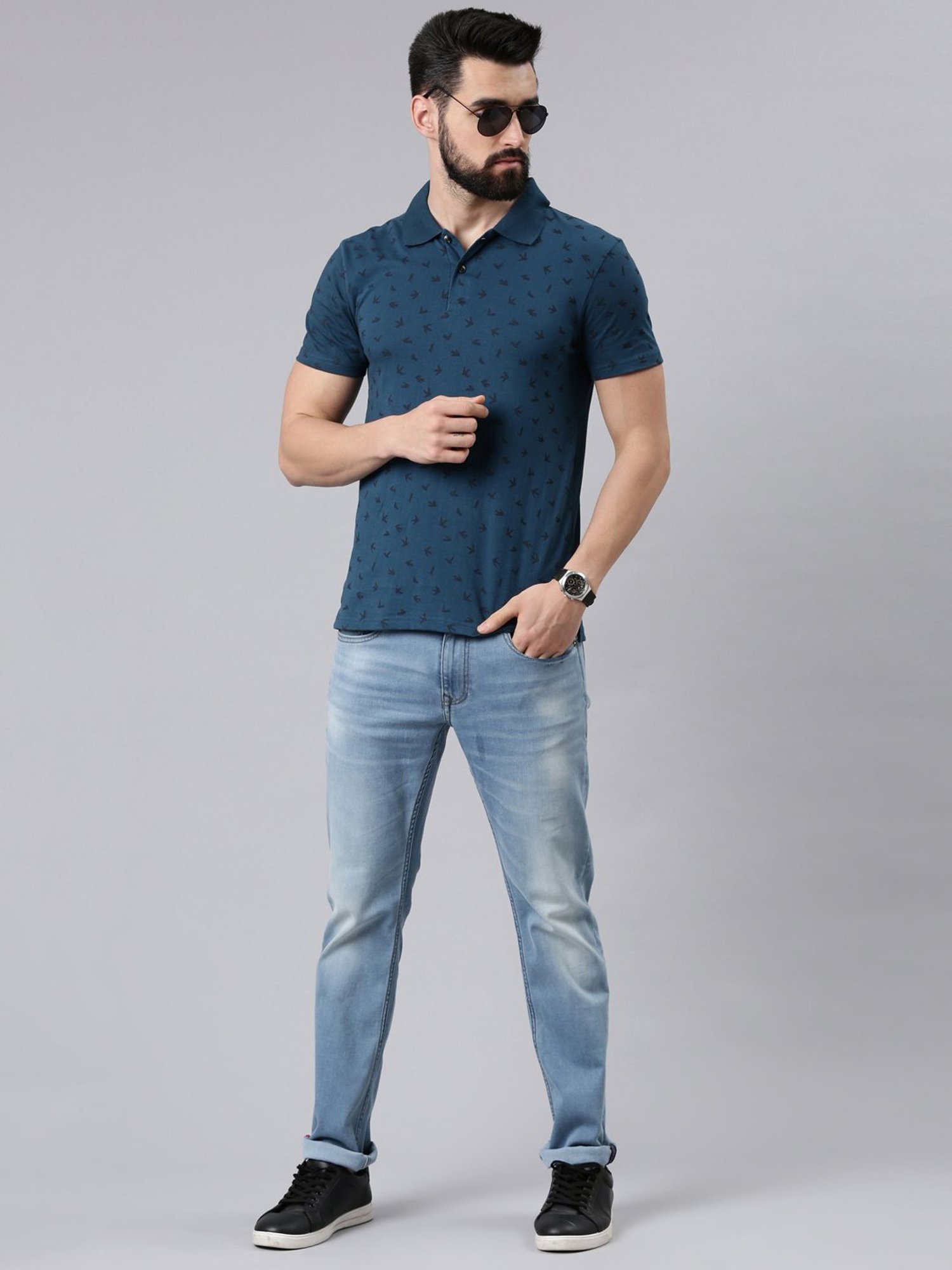 Kryptic Teal Regular Fit Printed Cotton Polo T-Shirt