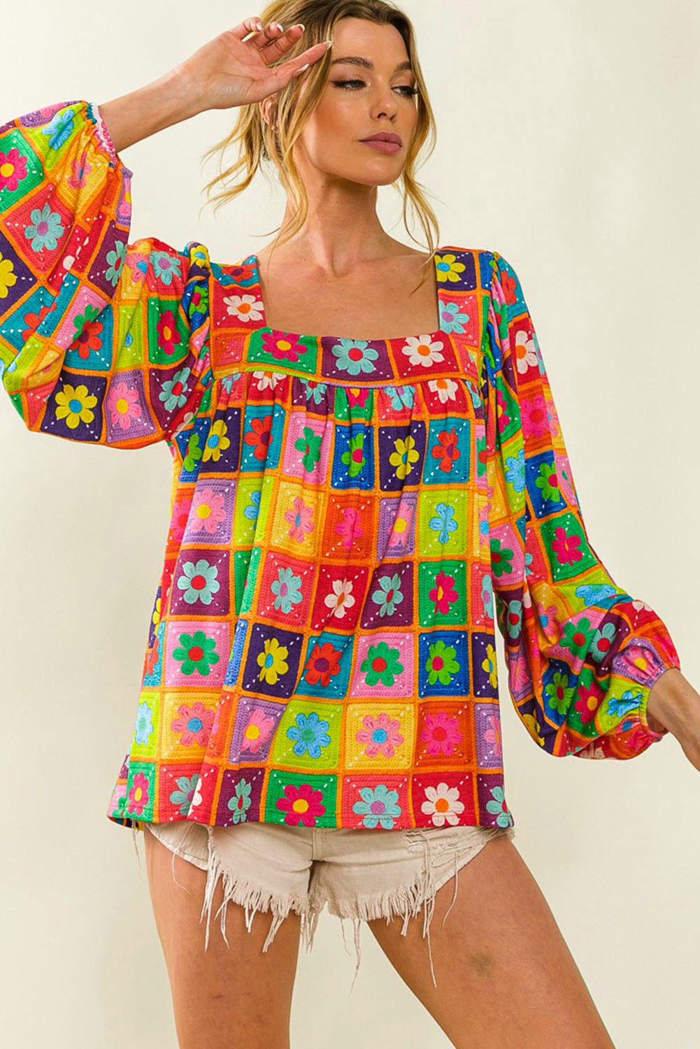 Multicolor 60s Flower Pattern Lantern Sleeve Square Neck Top