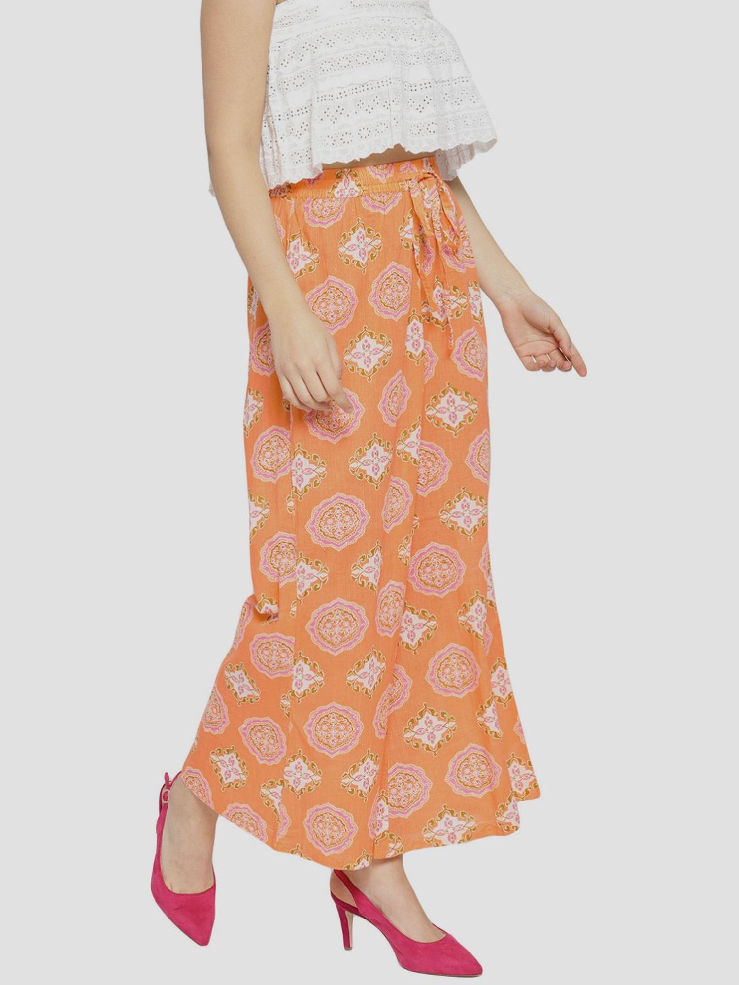 Sringam Orange Cotton Printed Palazzos
