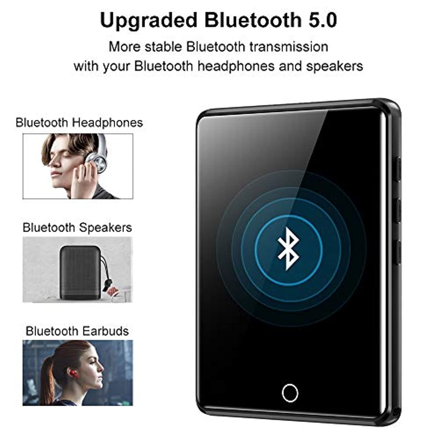 MP3 Player with Bluetooth 5.0, 2.8" Full Touchscreen 16GB Mp3 Player, HiFi Lossless Sound Music Player with Headphones, Built-in Speaker, FM Radio, Voice Recorder, E-Book, Expandable up to 128GB