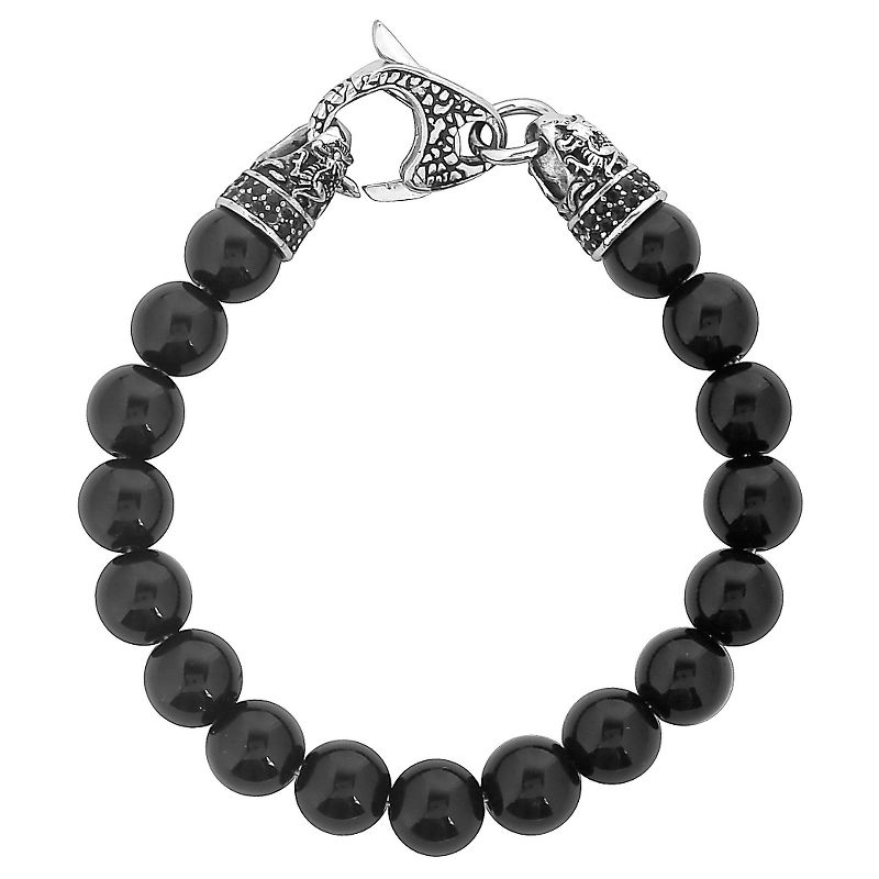Men's Crucible Stainless Steel Dragon with Polished Black Onyx Beaded Bracelet
