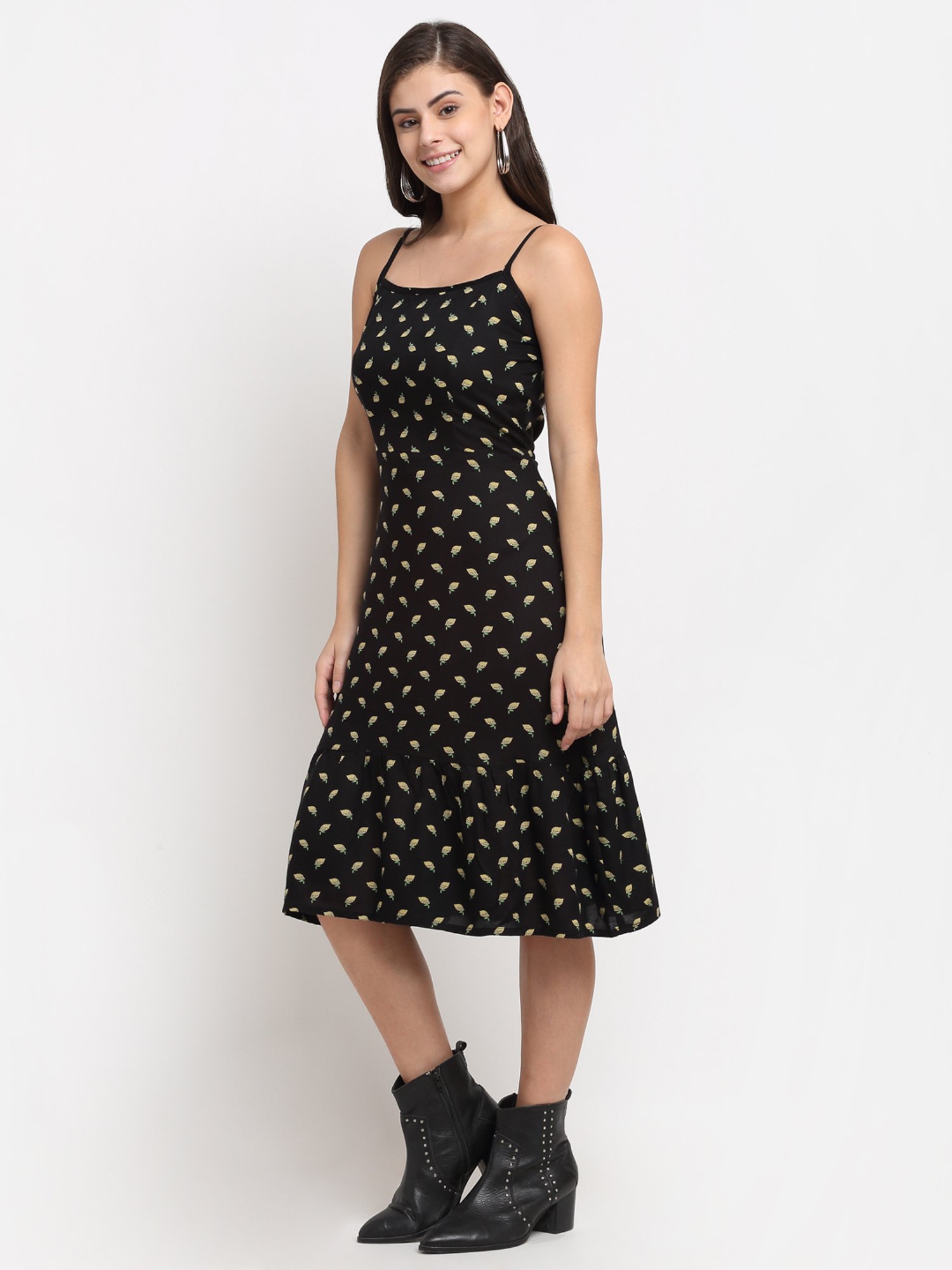 BRINNS Black Floral Print Midi A Line Dress