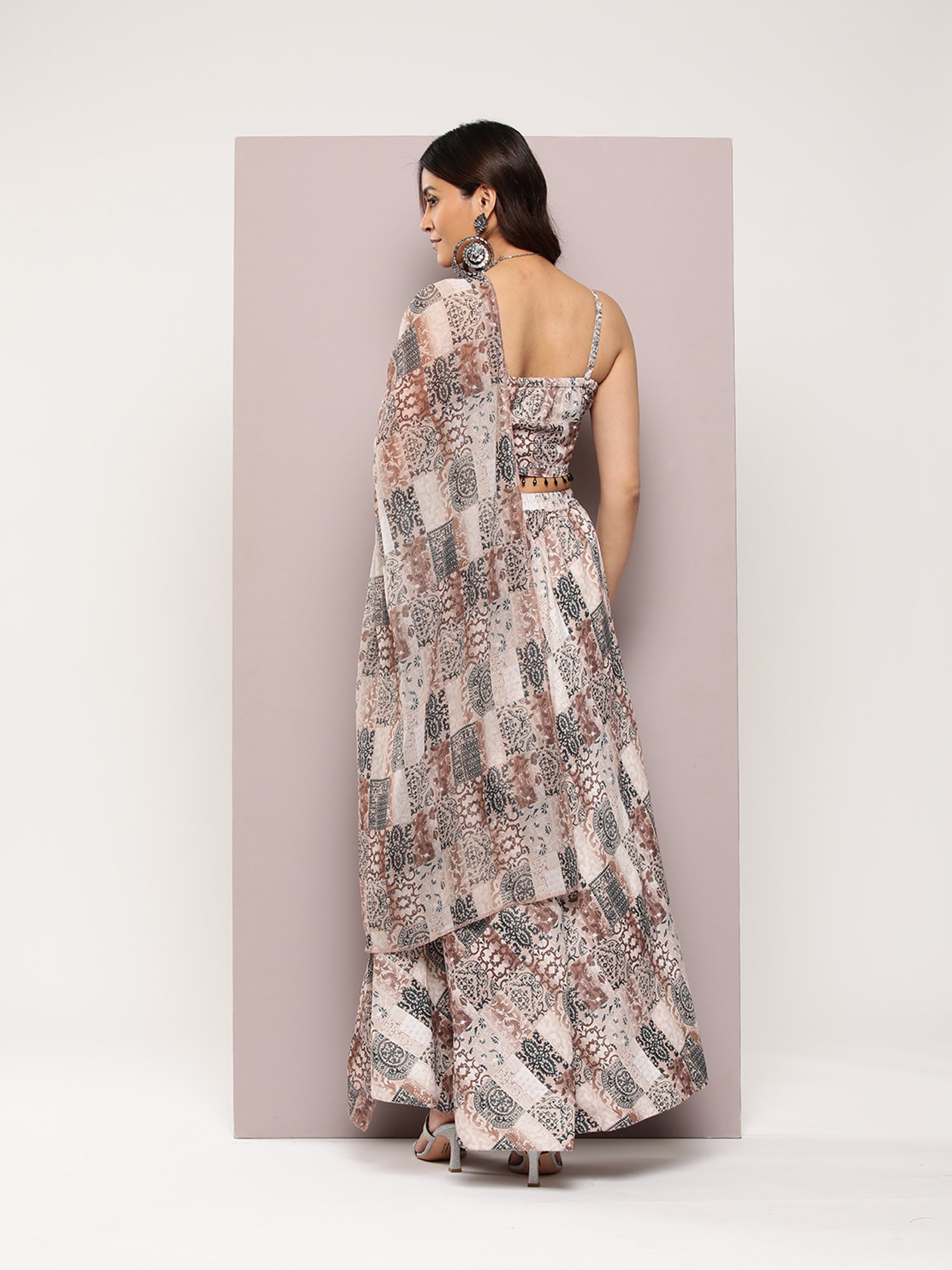 Jompers Brown Printed Lehenga Choli Set With Dupatta