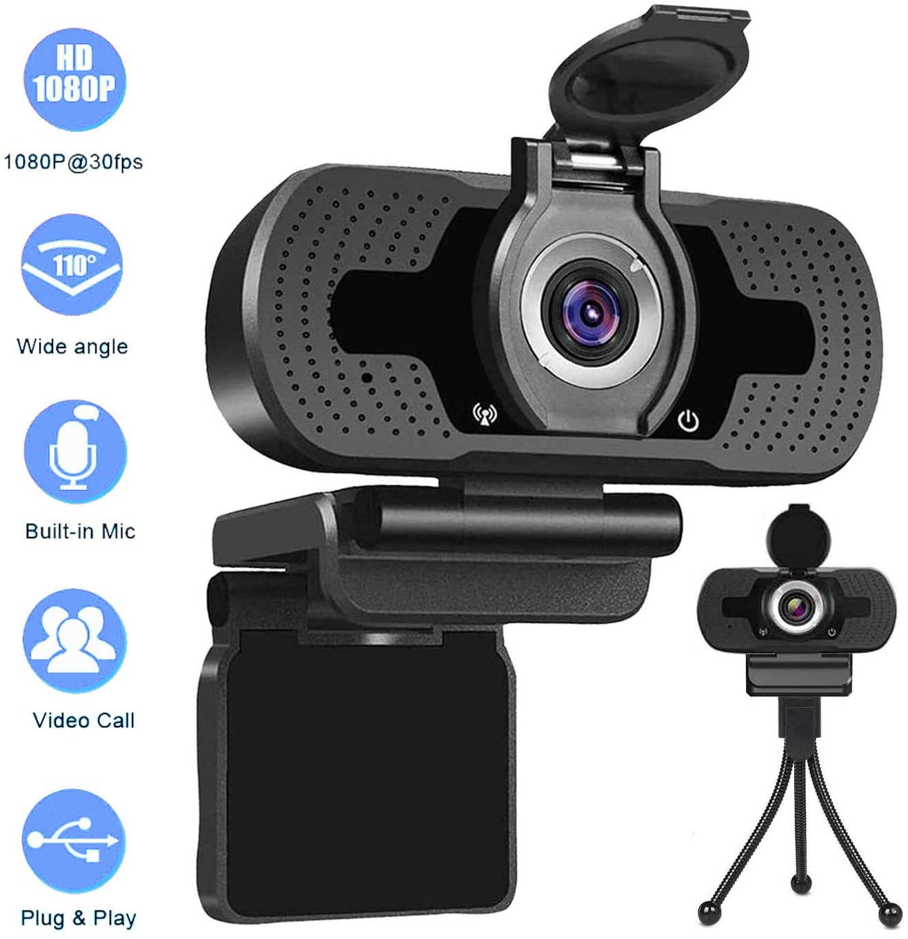 HD Webcam with Privacy Cover &Tripod,Webcam with Microphone 1080P,Streaming Computer Web Camera with 110&deg; Wide View Angle,USB PC Laptop Desktop Webcam for Video Calling Gaming Recording Conferencing