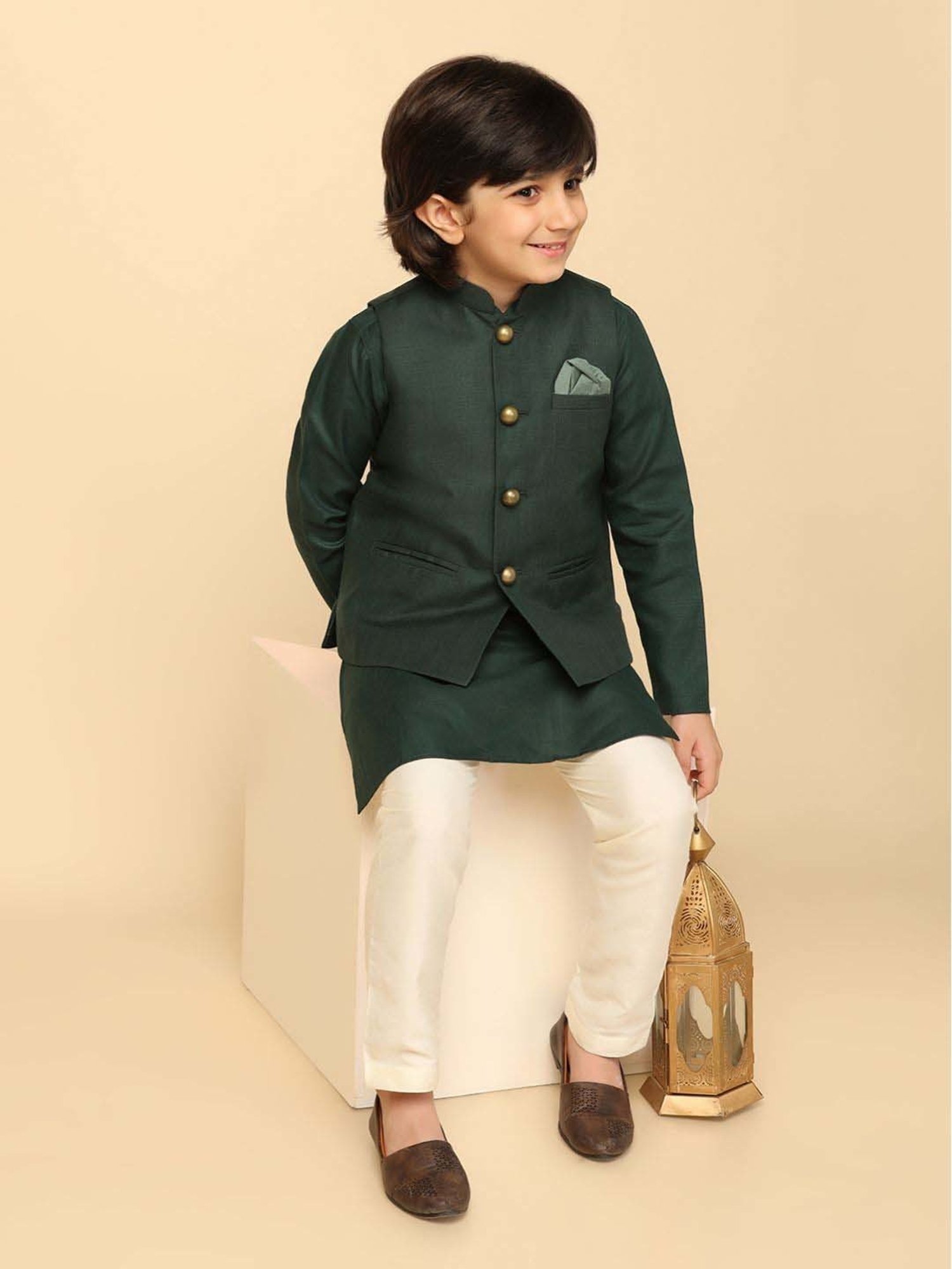 KISAH Kids Green & White Regular Fit Full Sleeves Kurta Set