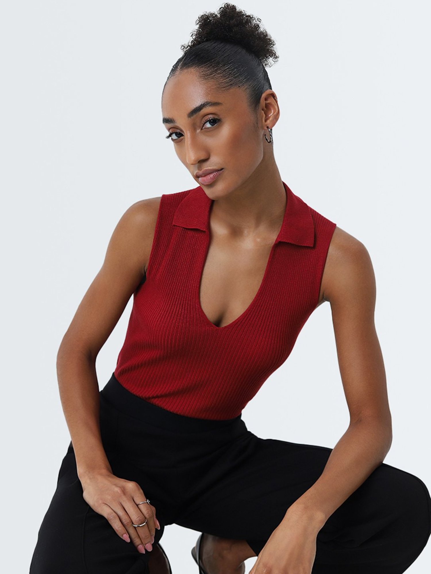 Wardrobe by Westside Red Ribbed Textured Top