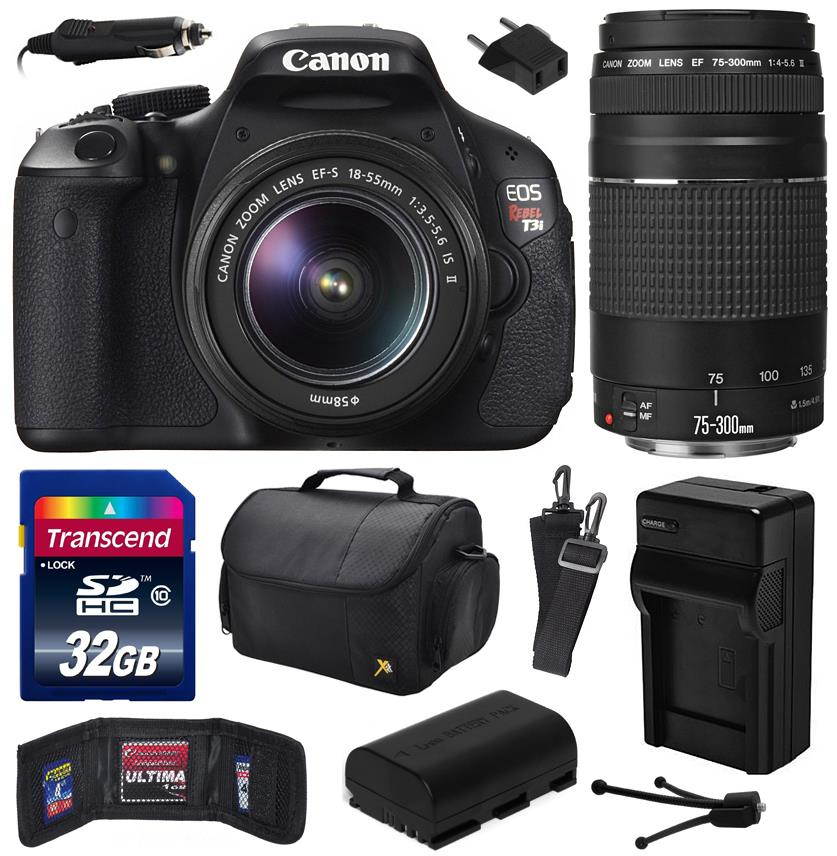 Canon EOS Rebel T3i (600D) Digital SLR Camera with EF-S 18-55mm f/3.5-5.6 IS and EF 75-300mm f/4-5.6 III Lens with 32GB Memory + Large Case + Battery + Charger + Memory Wallet + Cleaning Kit 5169B003