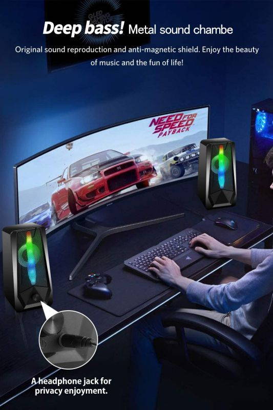 PC Gaming Speakers 16W 2.0 Deep Bass USB Wired RGB Computer Speaker with Enhanced Stereo Colorful LED Light, Dual-Channel Desktop Speakers for Tablet Computer Laptop Smartphones MP4 MP3 (8Wx2)