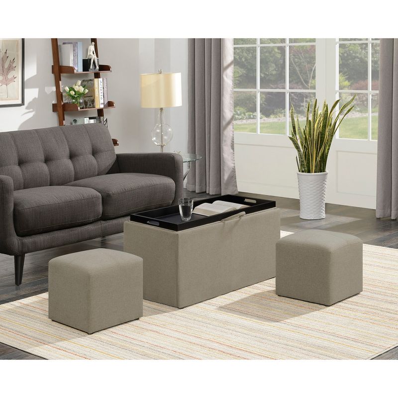 Designs4Comfort Sheridan Storage Bench with 2 Side Ottomans Soft Beige Fabric - Breighton Home