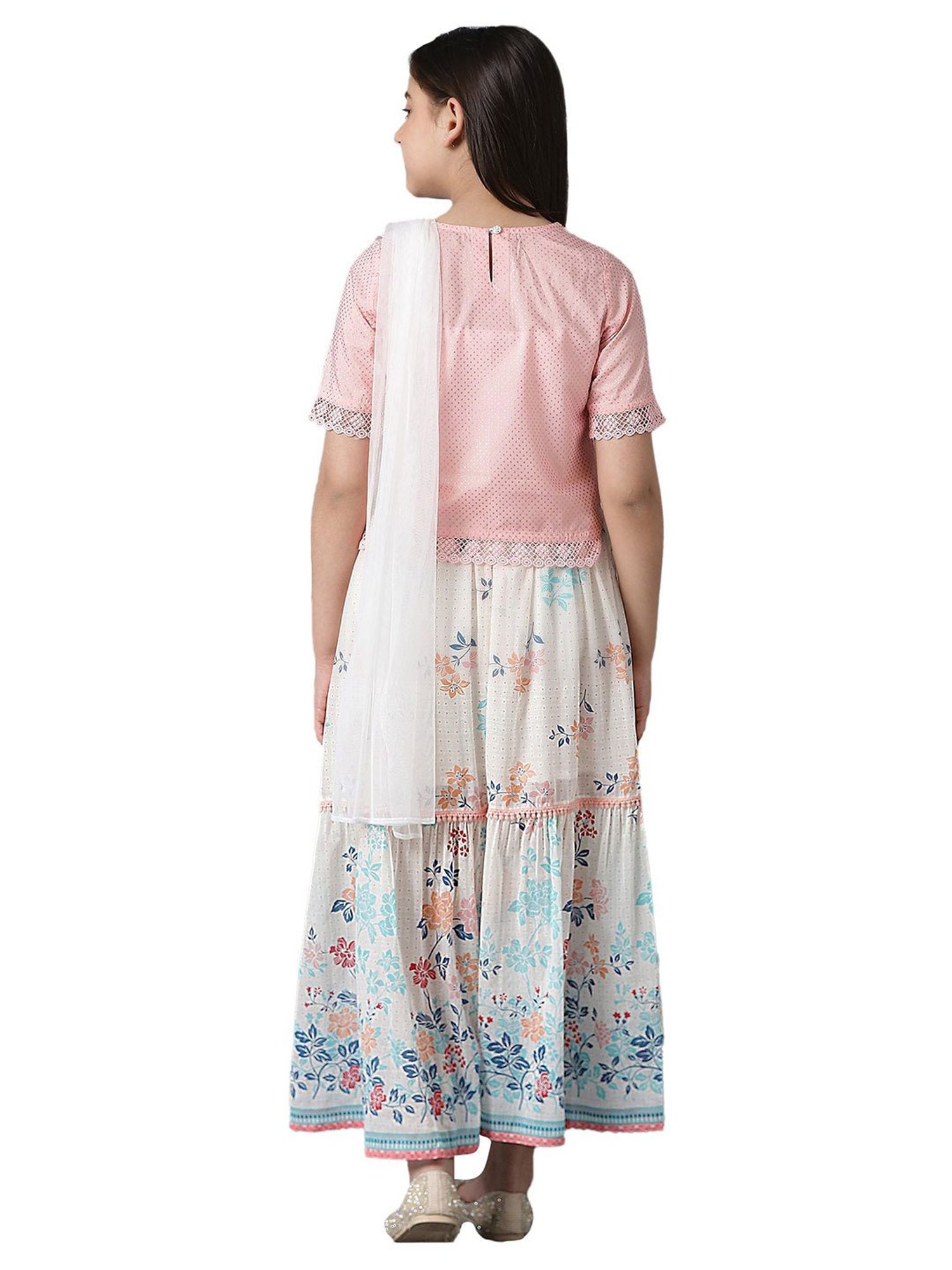 Aurelia Kids Pink & White Printed Top with Skirt & Dupatta