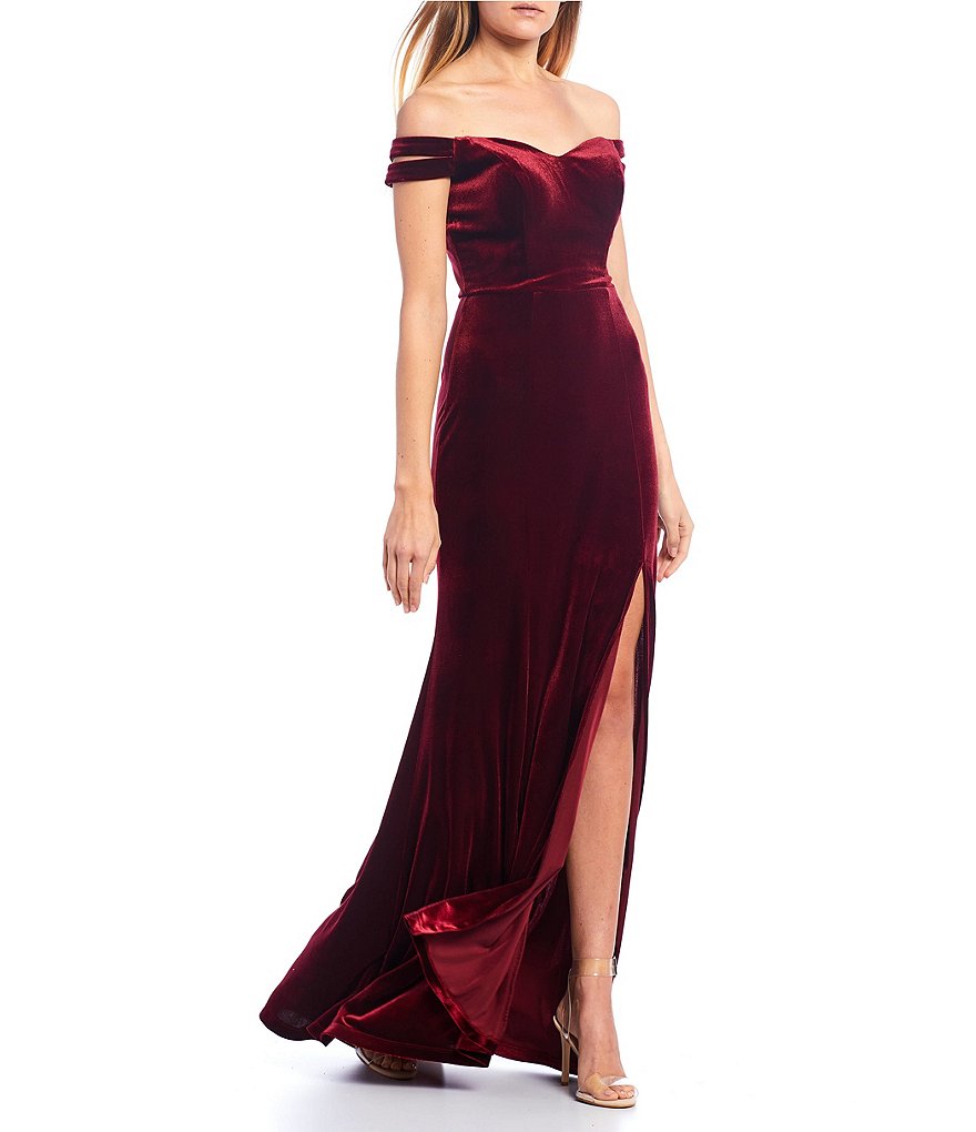 Teeze Me Double Strap Off-The-Shoulder Side Slit Velvet Long Dress