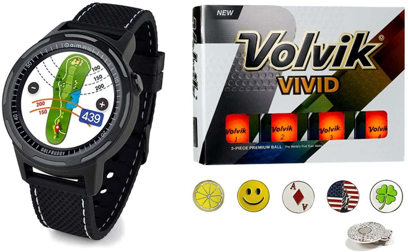 Golf Buddy aim W10 Bluetooth Wireless Golf GPS Smartwatch Bundle with 1 Dozen Volvik Golf Balls, 5 Ball Markers and 1 Magnetic Hat Clip