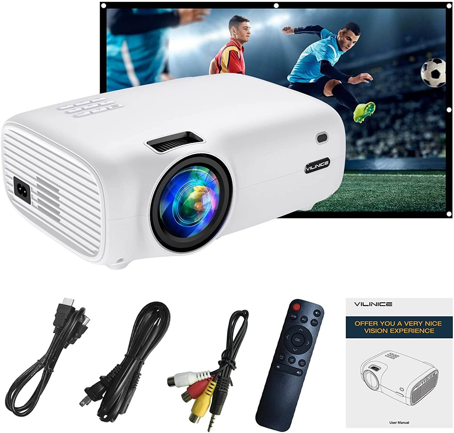 Vilinice BL-43 6000L Outdoor Movie Projector with 100 Inch Screen, 1080P and 240" Display Supported, Portable Video Projector Compatible with TV Stick, PS4, HDMI, USB, VGA