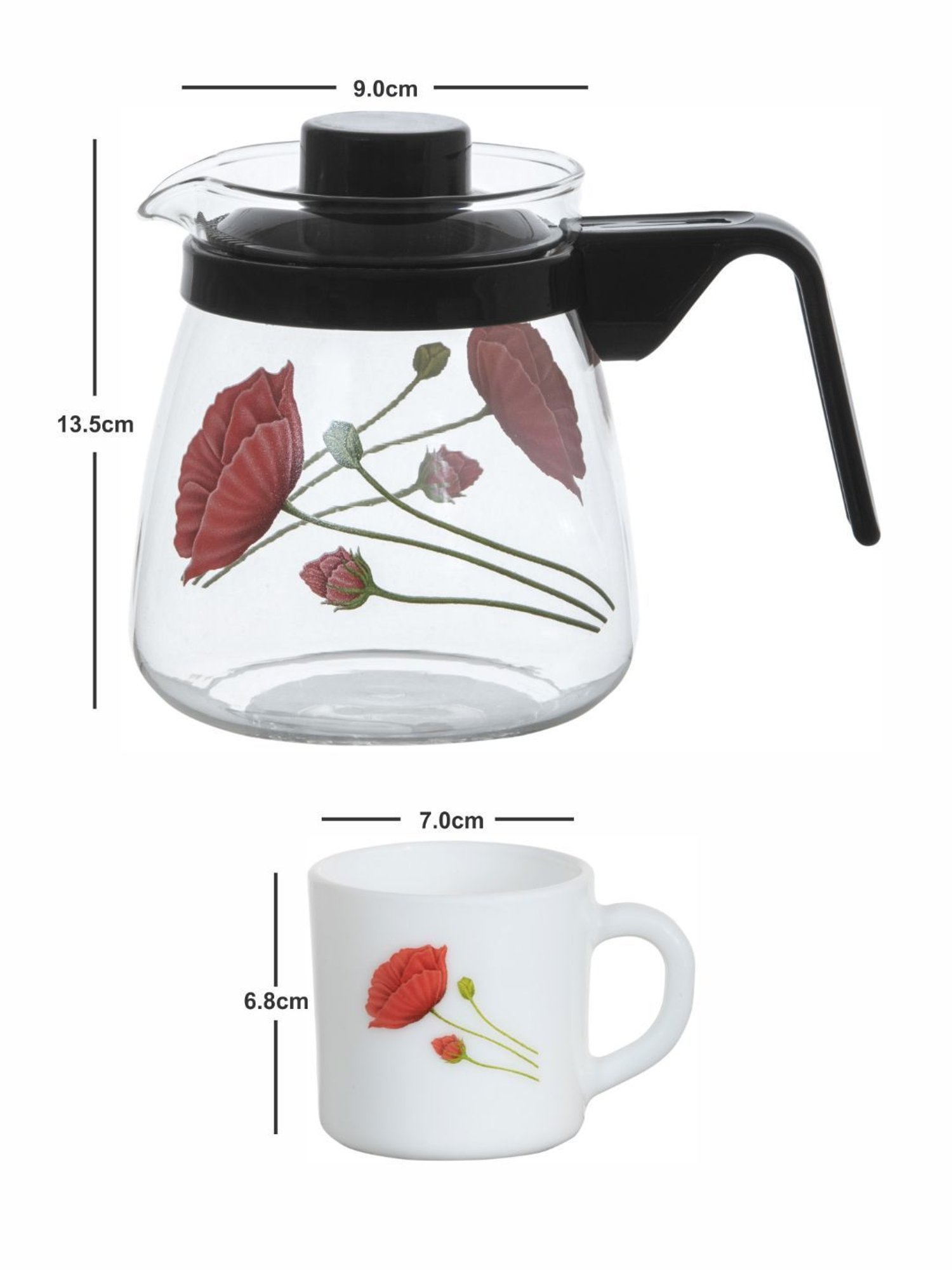 Cello Floral Multicolor Opalware Tea Set - Set of 6 Cups (180ml) & 1 Tea Pot (750ml)