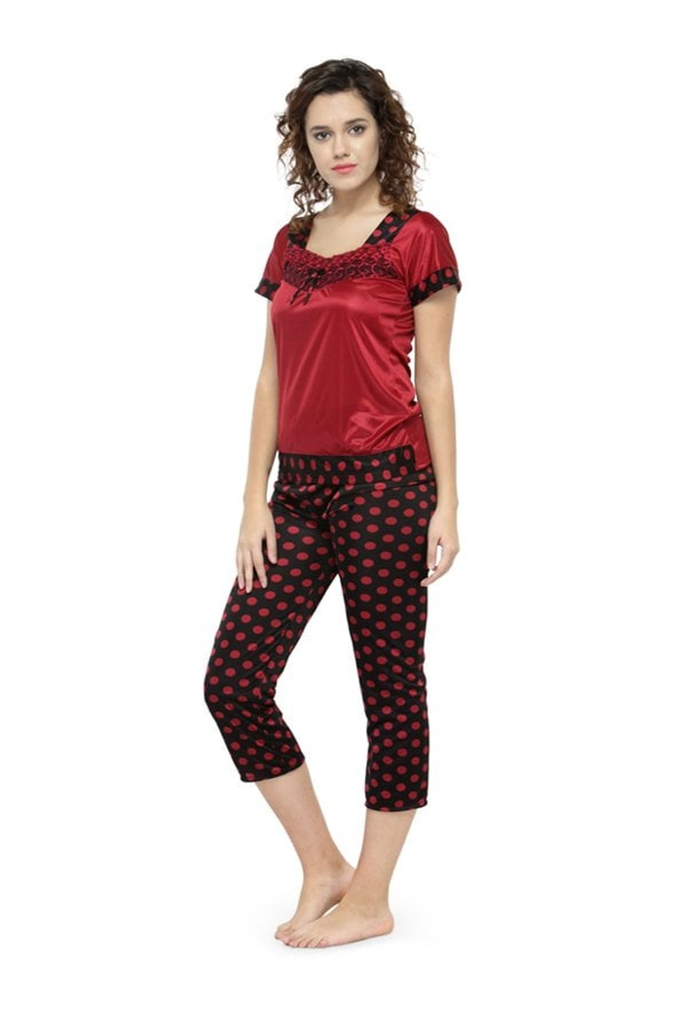 N-Gal Maroon & Black Polka Dot Top With Capris
