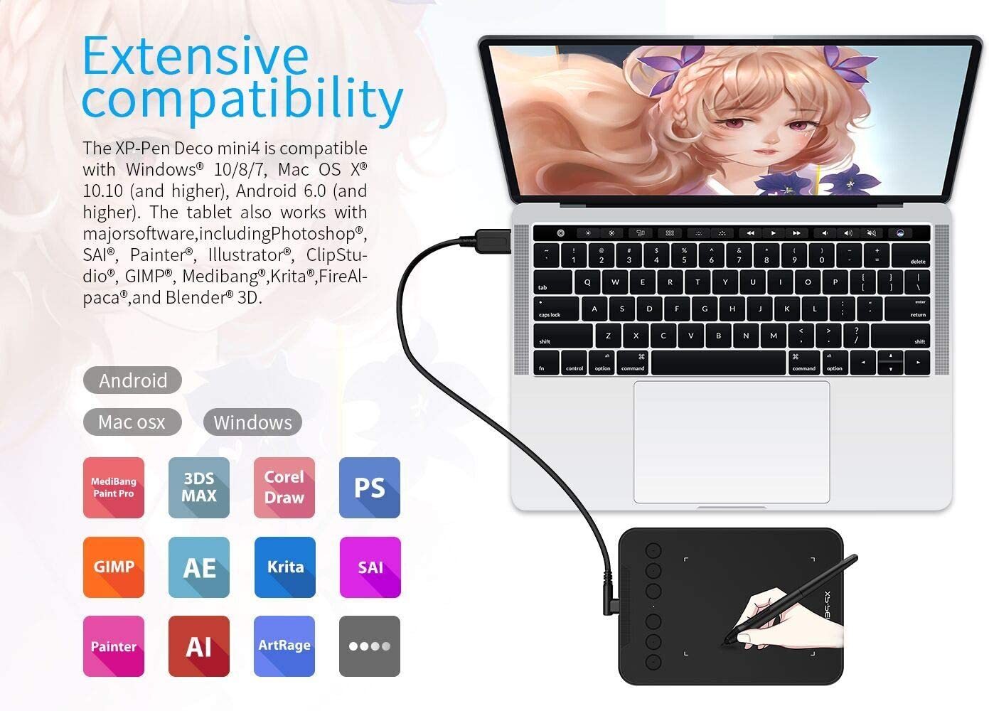 XP-PEN Deco mini4 Graphics Tablet 4 x 3 Inch Pen Tablet with Battery-Free Stylus and 6 Customizable Shortcut Keys for Student E-Learning and Online Teaching-Compatible with Chromebook