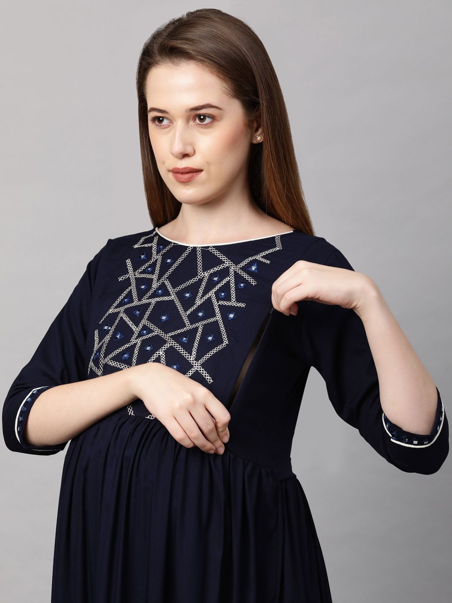 MomToBe Navy Embroidered Maternity Kurta