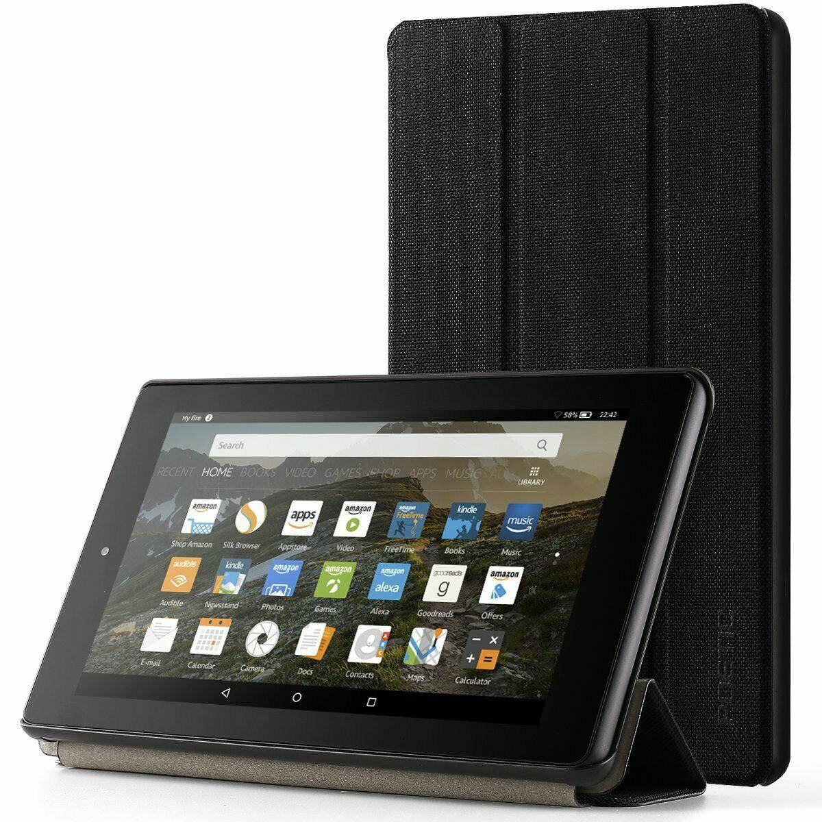 For Fire 7 2017 Tablet Case Leather Smart Cover w/Auto Sleep/Wake Function Black