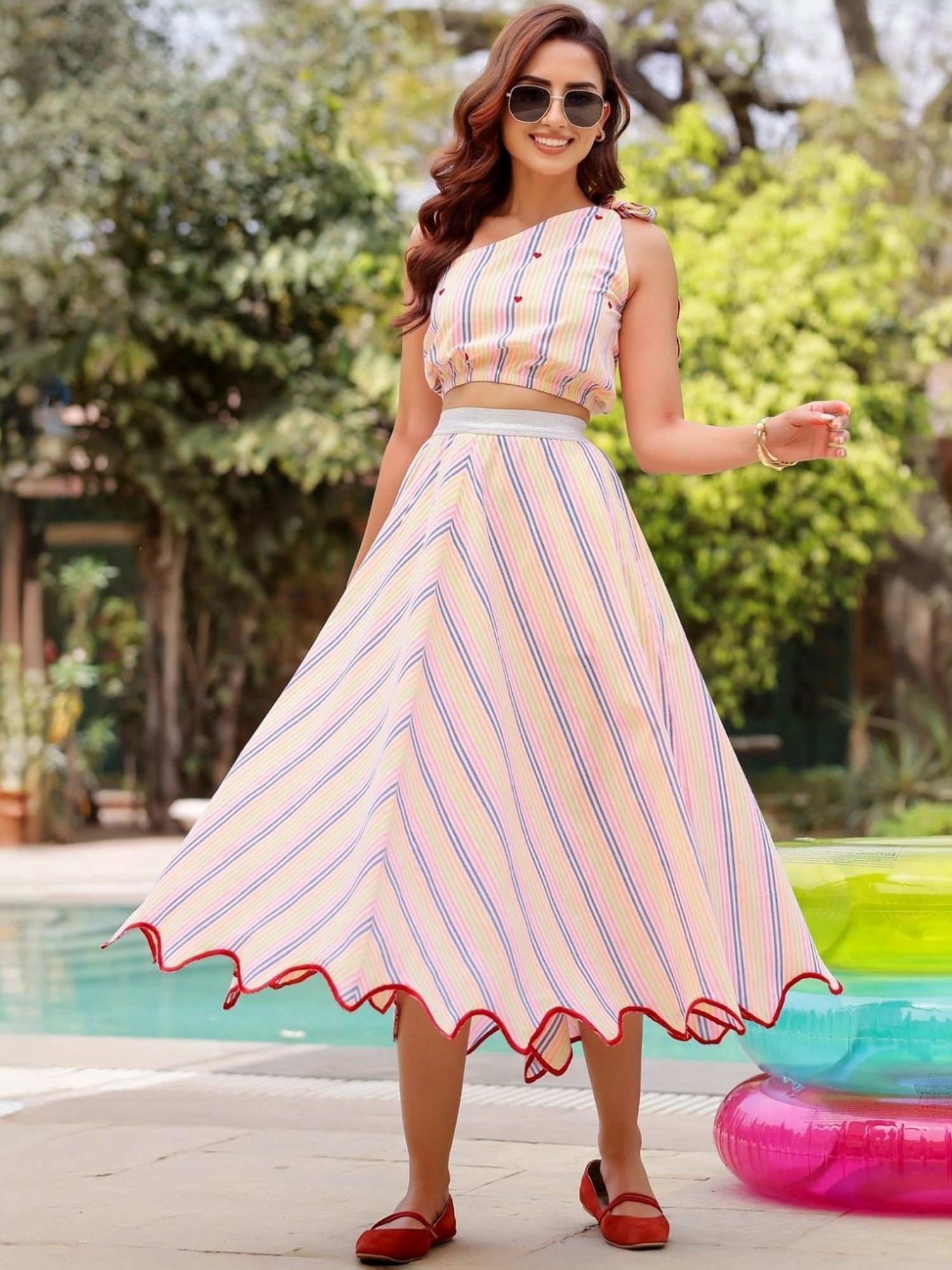Gulaal Multicolored Stripe One Shoulder Top With A-line Skirt
